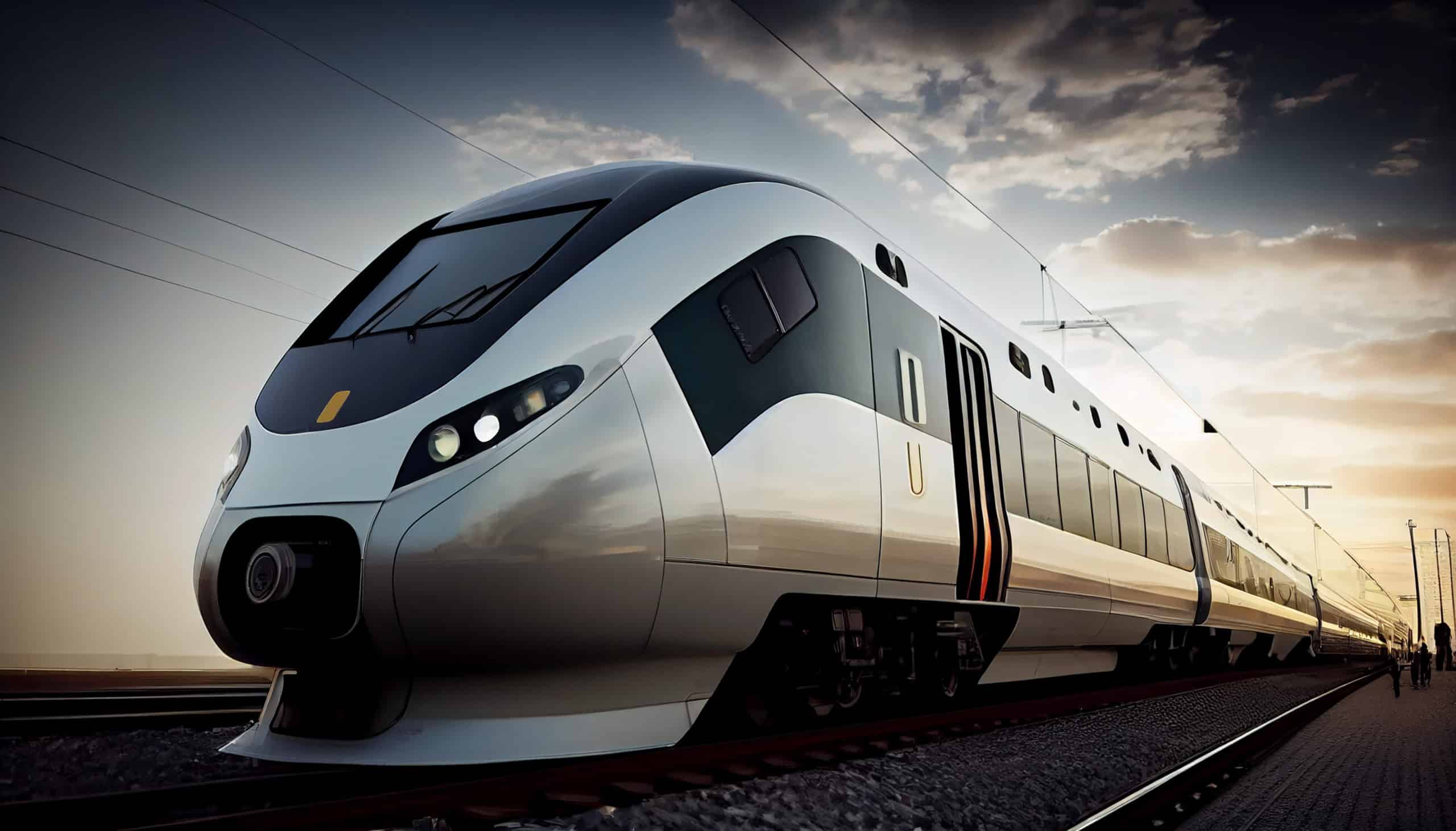 Transportation mode speeds on railroad tracks at sunset ,generative artificial intelligence